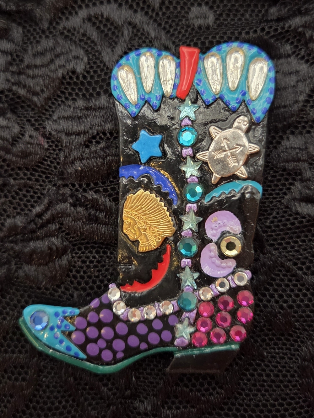 Artisan Handmade Resin Cowboy Boot Brooch Rhinestone Western Statement Pin